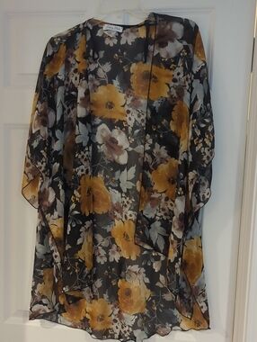 emory park Black Sheer Floral Kimono with Mustard and Cream Blooms